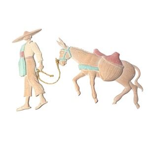 Vintage‎ Mexican Folk Art Wall Hanging Man Leading Donkey 2pc Set Rustic Decor